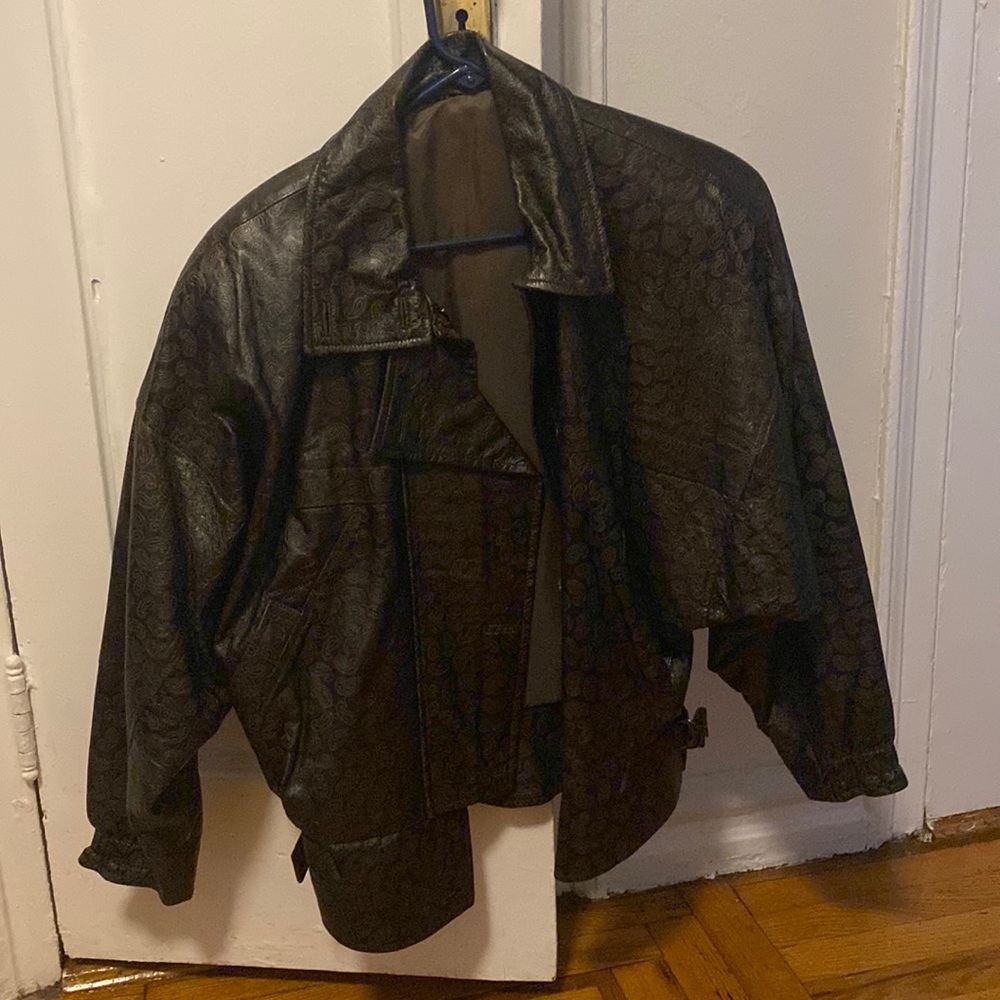 Vintage brown leather jacket with paisley print